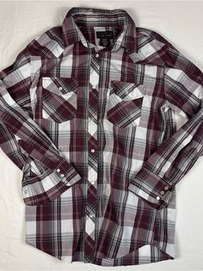 High Noon Western Pearl Snap Plaid Shirt Mens Medium Burgundy Gray Lightweight